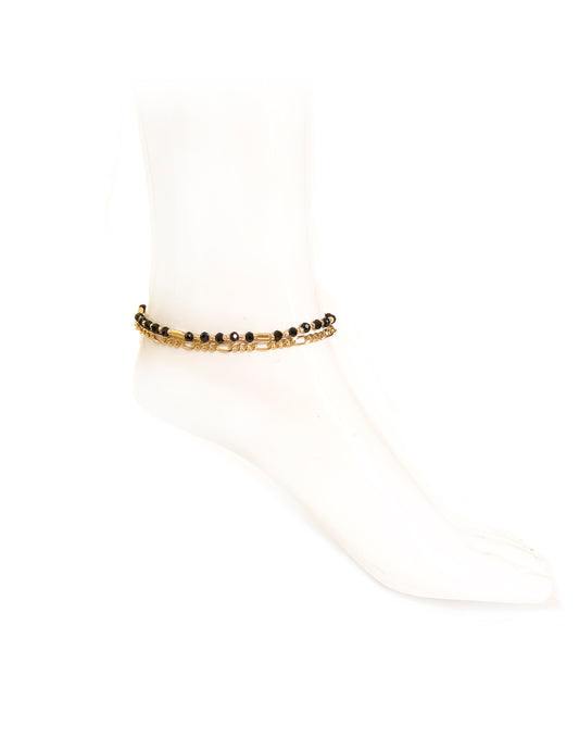 Jet Crystal Bead and Figaro Chain Anklet