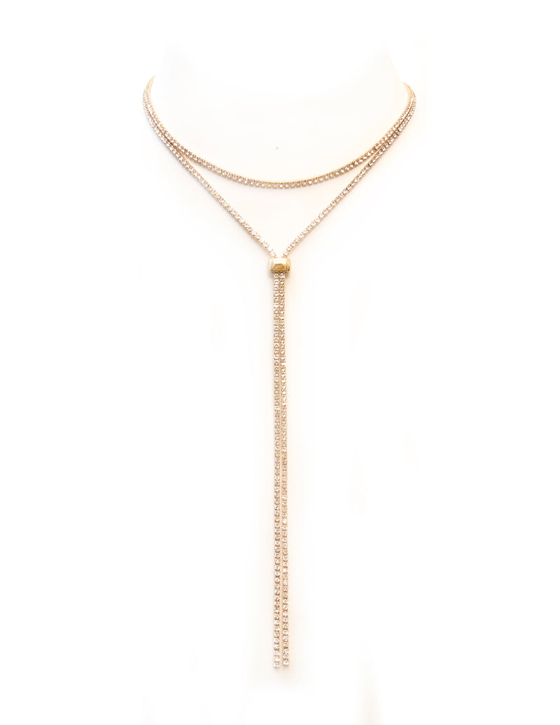 Thin Crystal Y Slide Necklace - Gold